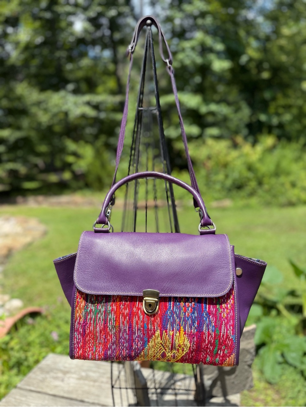 Vibrant Purple Top-Handle Satchel with Multicolor Front Panel